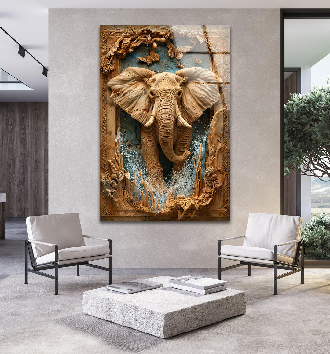 Elephant Carving Glass Wall Art glass pictures for Wall, glass prints wall art