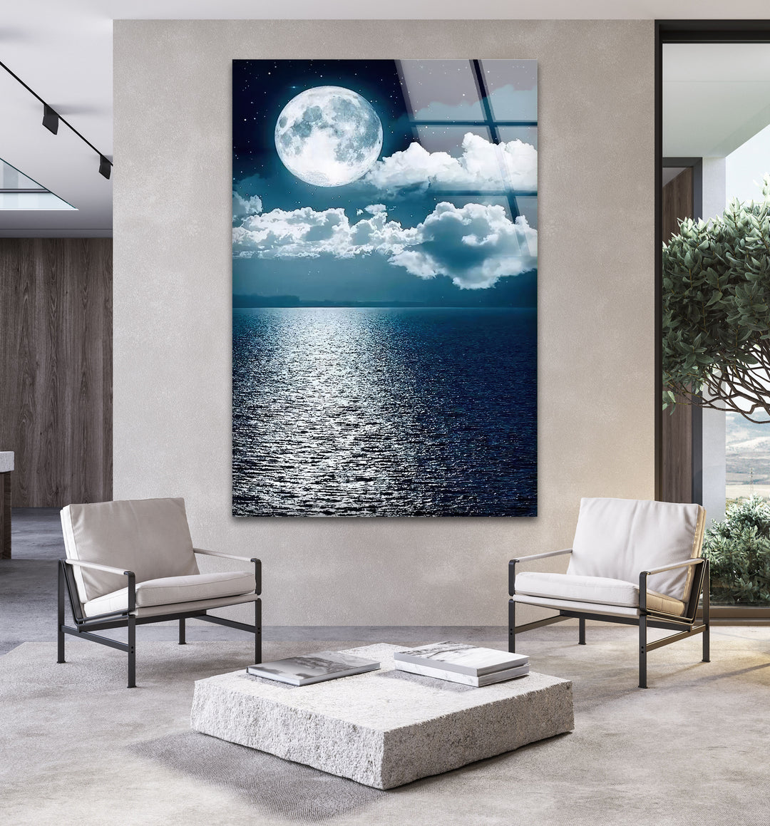 Blue Moon & Clouds Glass Wall Art Glass Printing Wall Art, Print photos on glass