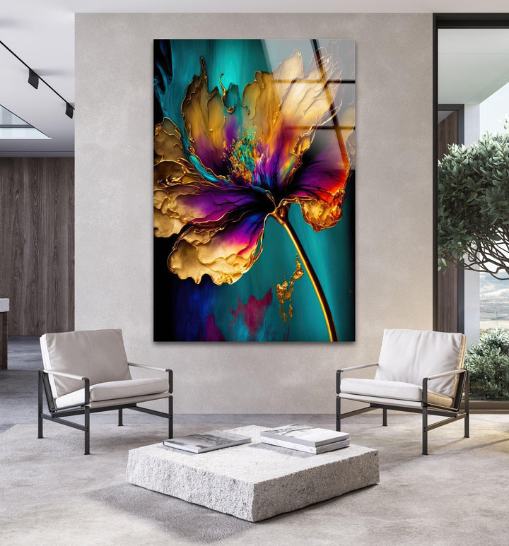 Gold Abstract Flower Glass Wall Art, glass image printing, glass prints from photos