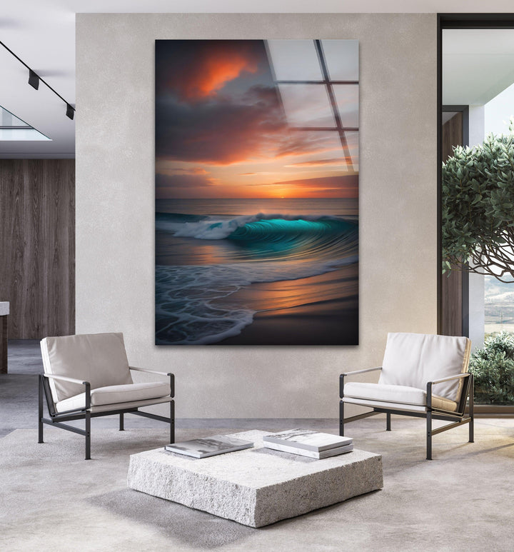 Sunset Calm Ocean Wave Glass Wall Art picture on glass wall art, photos printed on glass