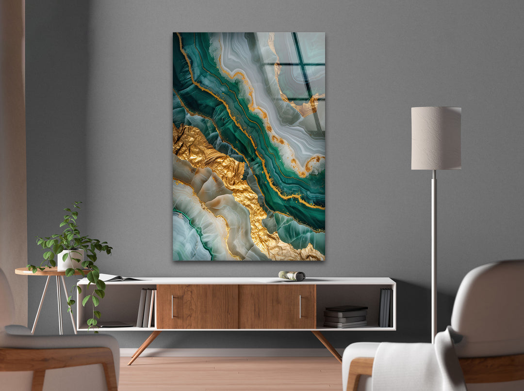 Green Gold Marble Geode Glass Wall Art