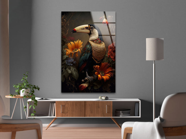 Toucan with Flowers Glass Wall Art glass art painting, glass art for the Wall