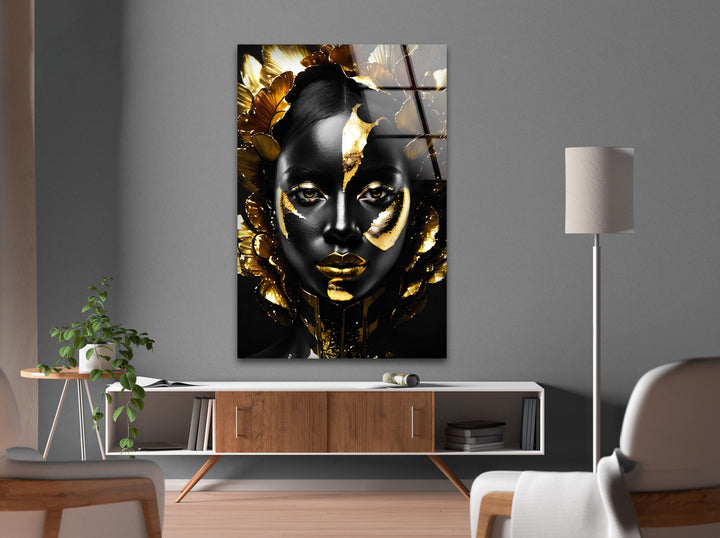 Black Woman With a Gold Face Glass Wall Art