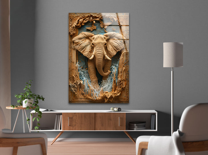 Elephant Carving Glass Wall Art large glass photo prints, glass wall photos