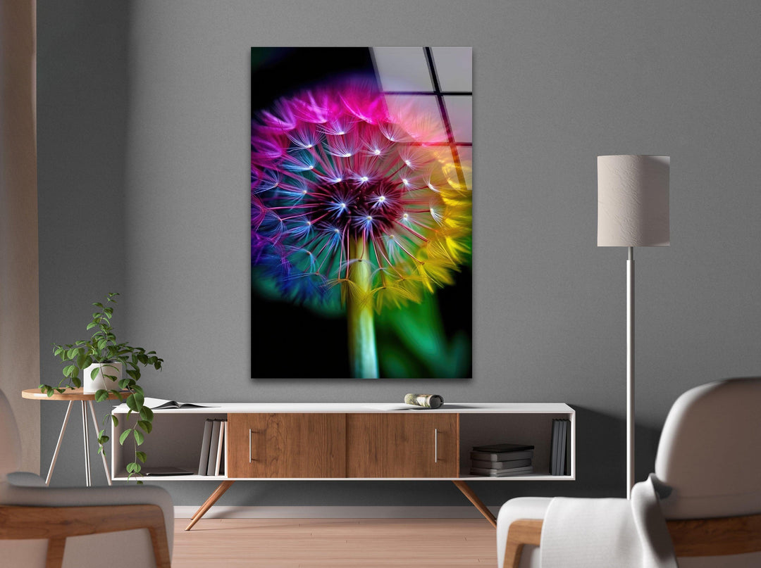 Rainbow Dandelion Glass Wall Art, glass photo prints, glass picture prints