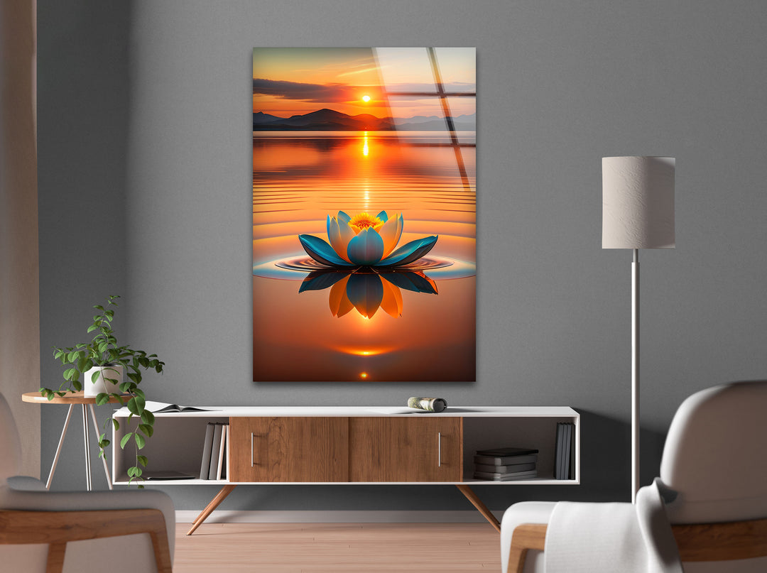 Lotus At Sunset Glass Wall Art, glass photo prints, glass picture prints