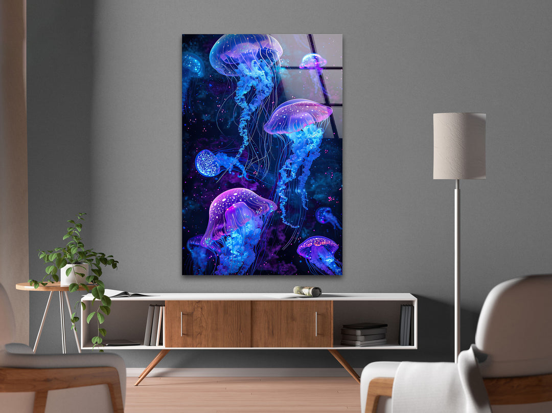 Glowing Jellyfish Glass Wall Art Glass Printing Wall Art, Print photos on glass