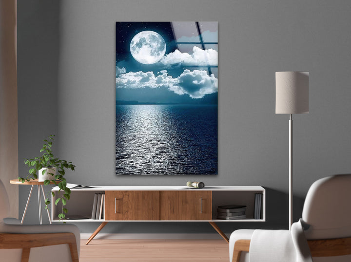 Blue Moon & Clouds Glass Wall Art glass pictures for Wall, glass prints wall art