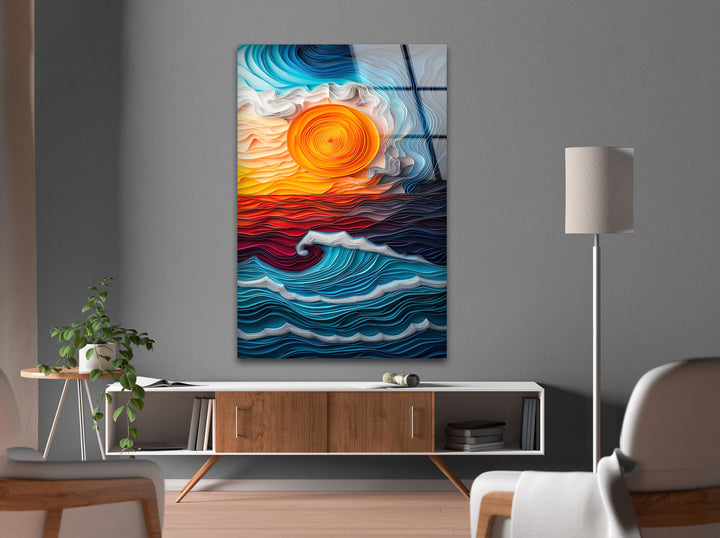 Sunset Oil Blue Painting Glass Wall Art glass wall decor, glass wall art decor