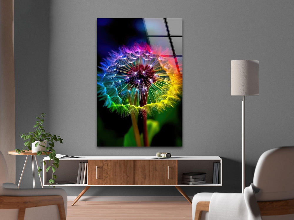 Rainbow Colors Dandelion Glass Wall Art, glass wall decor, glass wall art decor