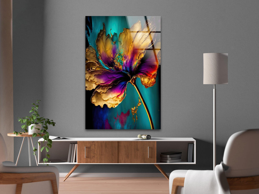 Gold Abstract Flower Glass Wall Art, glass photo prints, glass picture prints