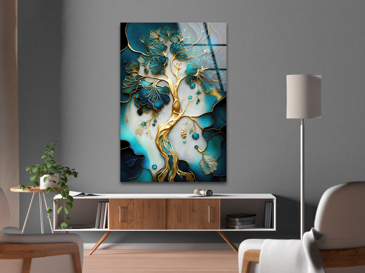 Abstract Golden Tree-Roots Glass Wall Art, glass art prints