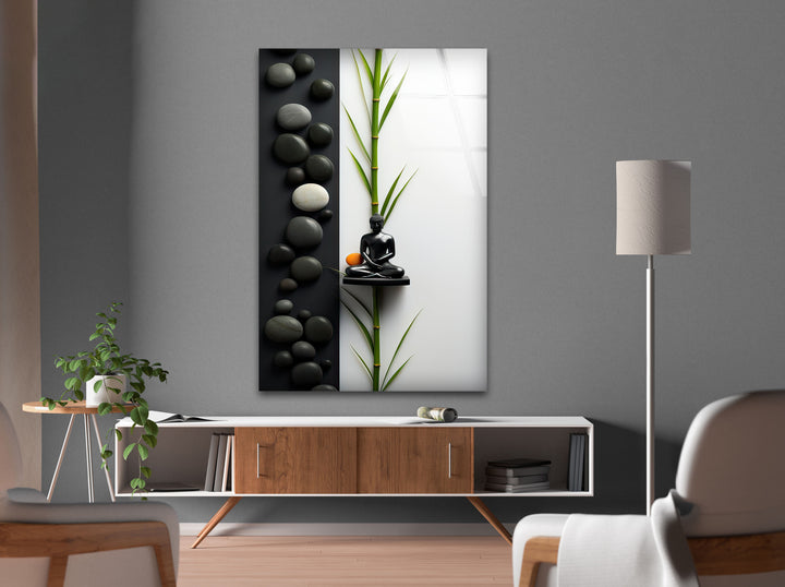 Buddha Statue and Stones Glass Wall Art