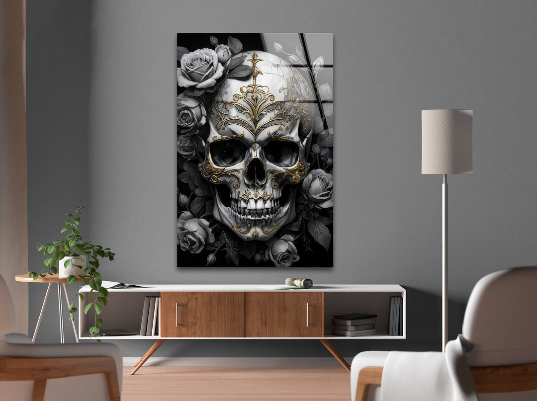 Skull & Rose Glass Wall Artwork & Cool Art Prints