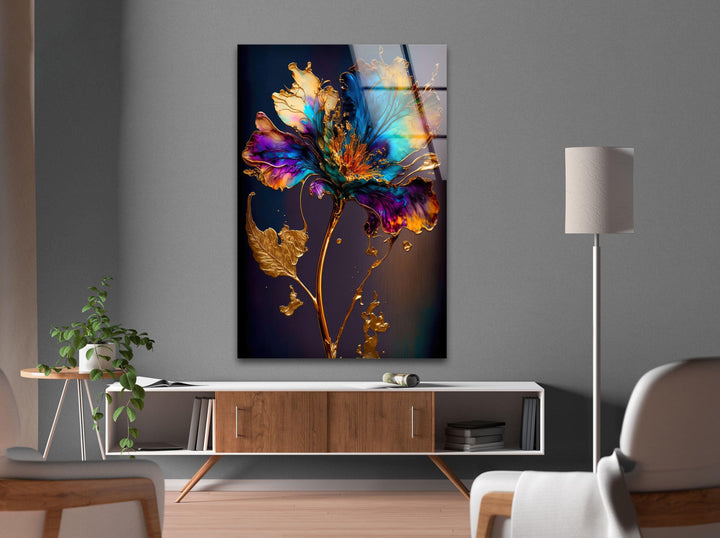 Gold Abstract Flower Glass Wall Art, glass photo prints, glass picture prints