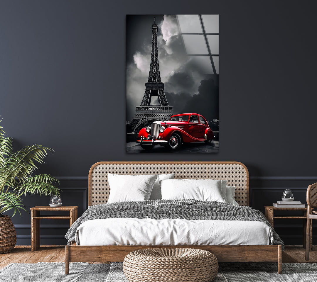 Celebrate the beauty of Paris with this striking glass wall art, featuring a red vintage car against the iconic Eiffel Tower.

