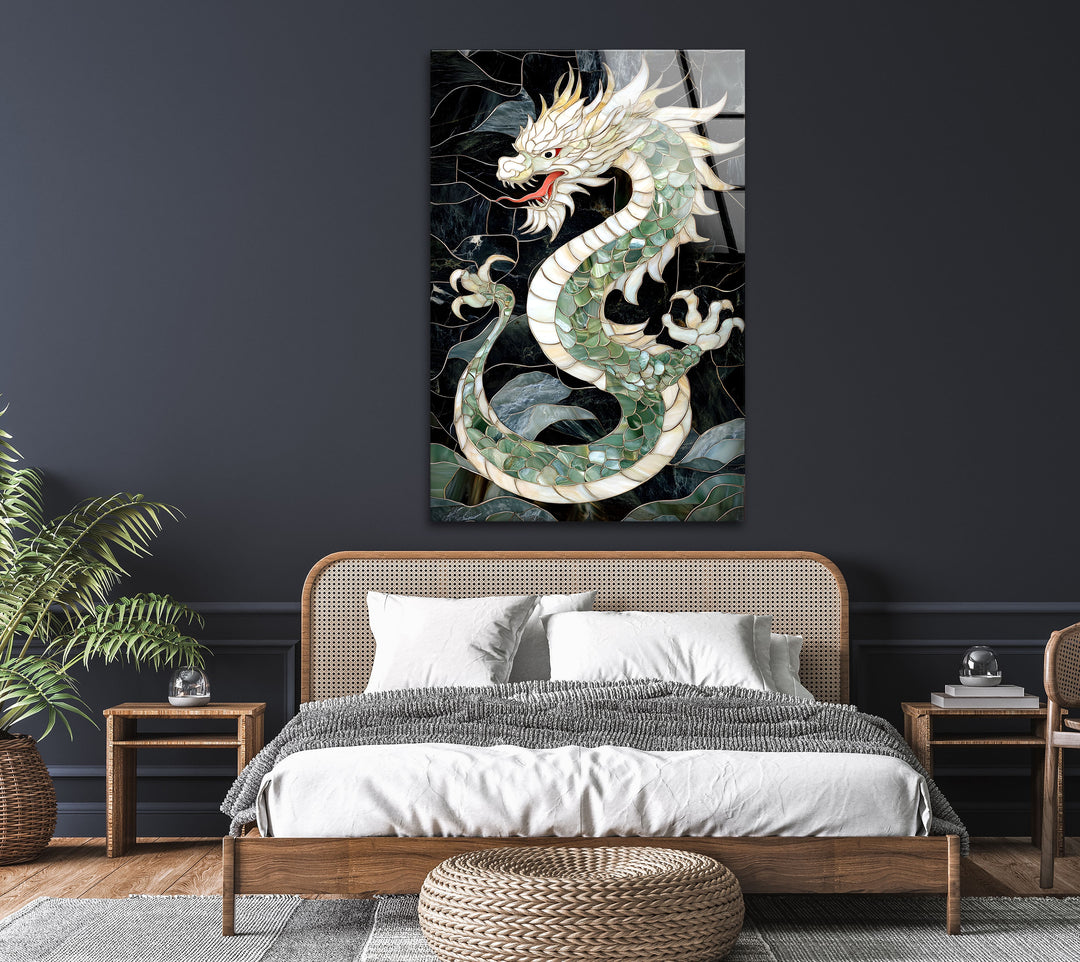 Mystical green dragon in stunning mosaic art, showcasing intricate designs and mythical energy.
