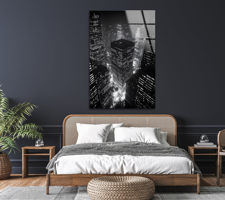 Urban Jungle: Black and White Skyscrapers on Glass Wall Art
