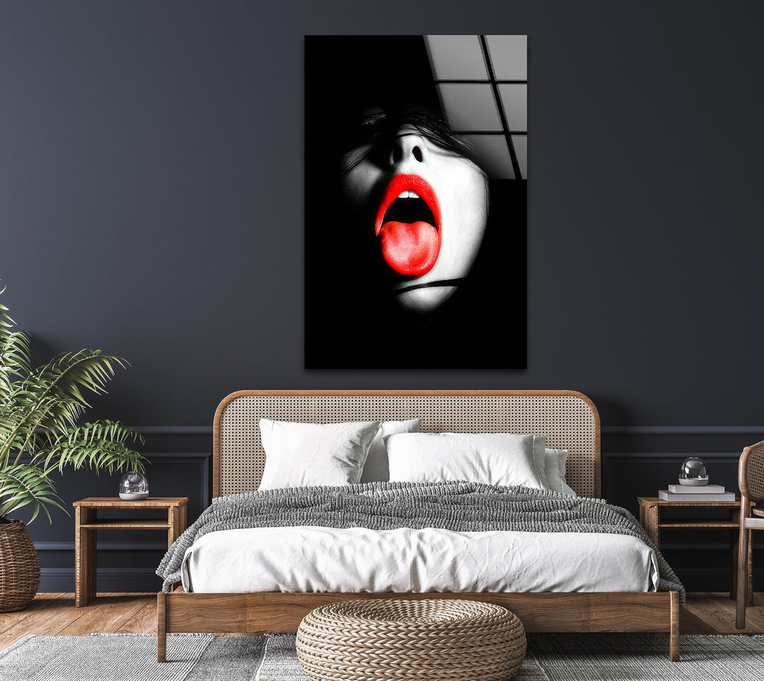 Woman With Red Lips & Tongue Glass Wall Art custom glass photo prints, large glass prints
