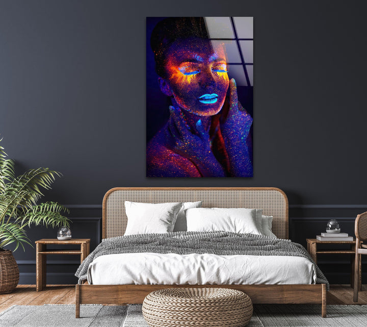 Color Bomb Woman Glass Wall Art custom glass pictures, glass art prints
