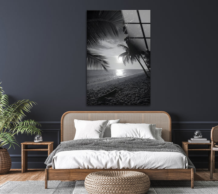 Palm Tree Beach Scene - Elegant Black and White Glass Wall Art
