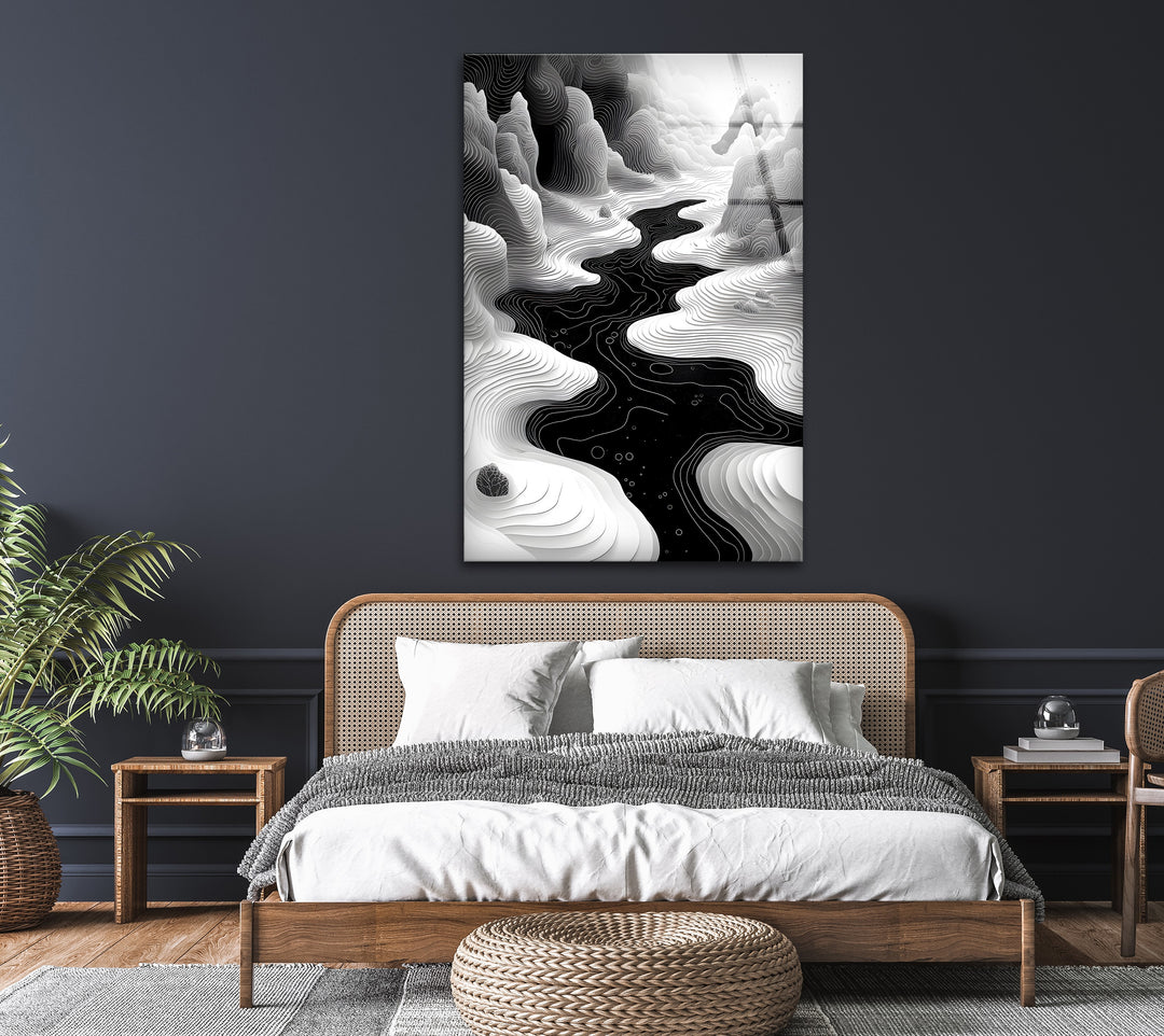 River of Elegance: Abstract Black and White Art on Glass Wall
