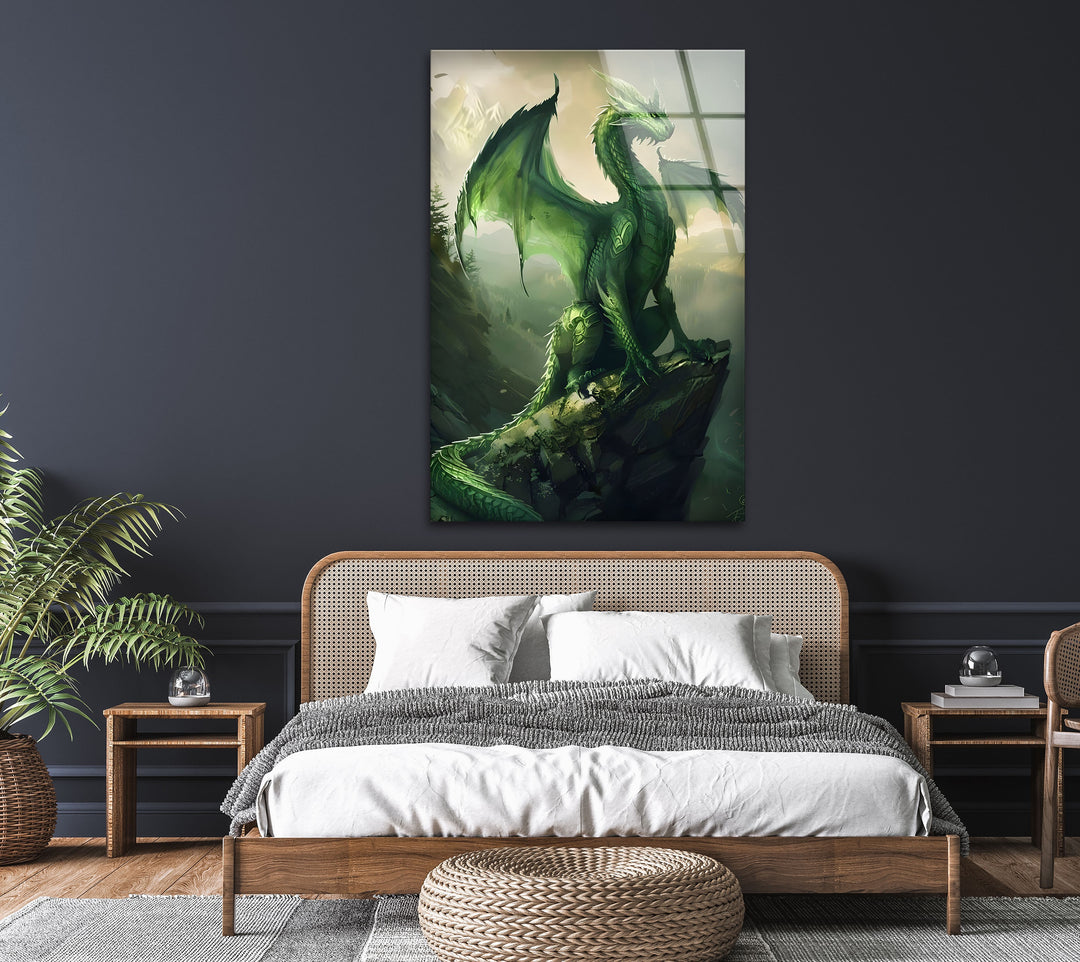 Bring mythical fantasy to your space with a vivid green dragon on durable glass wall art.
