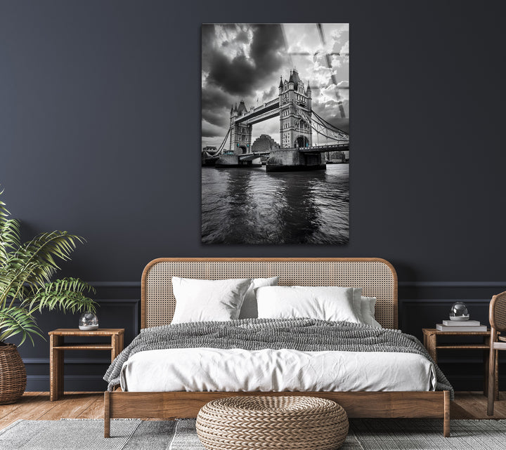 A dramatic black and white glass wall art of Tower Bridge, with intricate architectural details.
