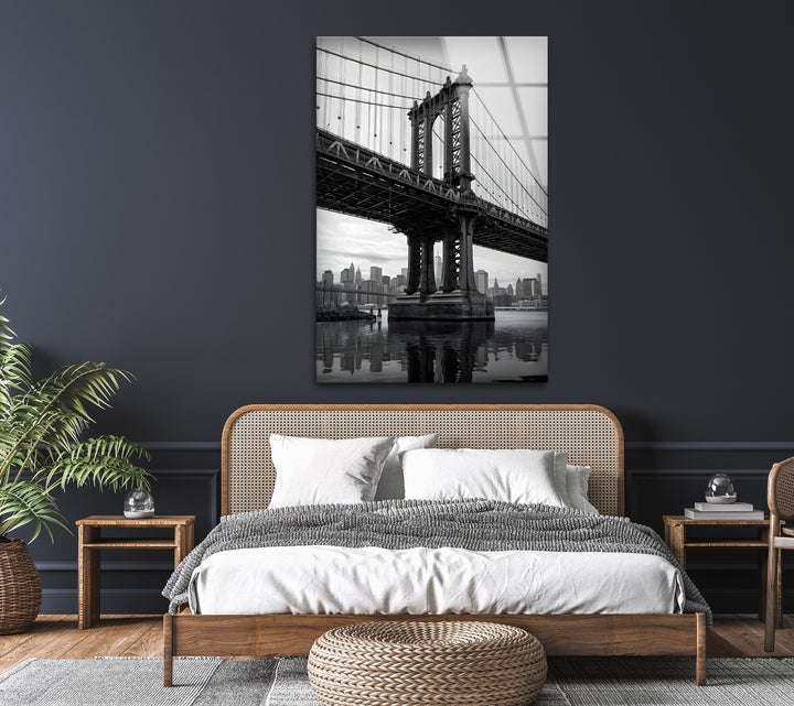 High-definition glass art of Manhattan Bridge with urban skyline view.
