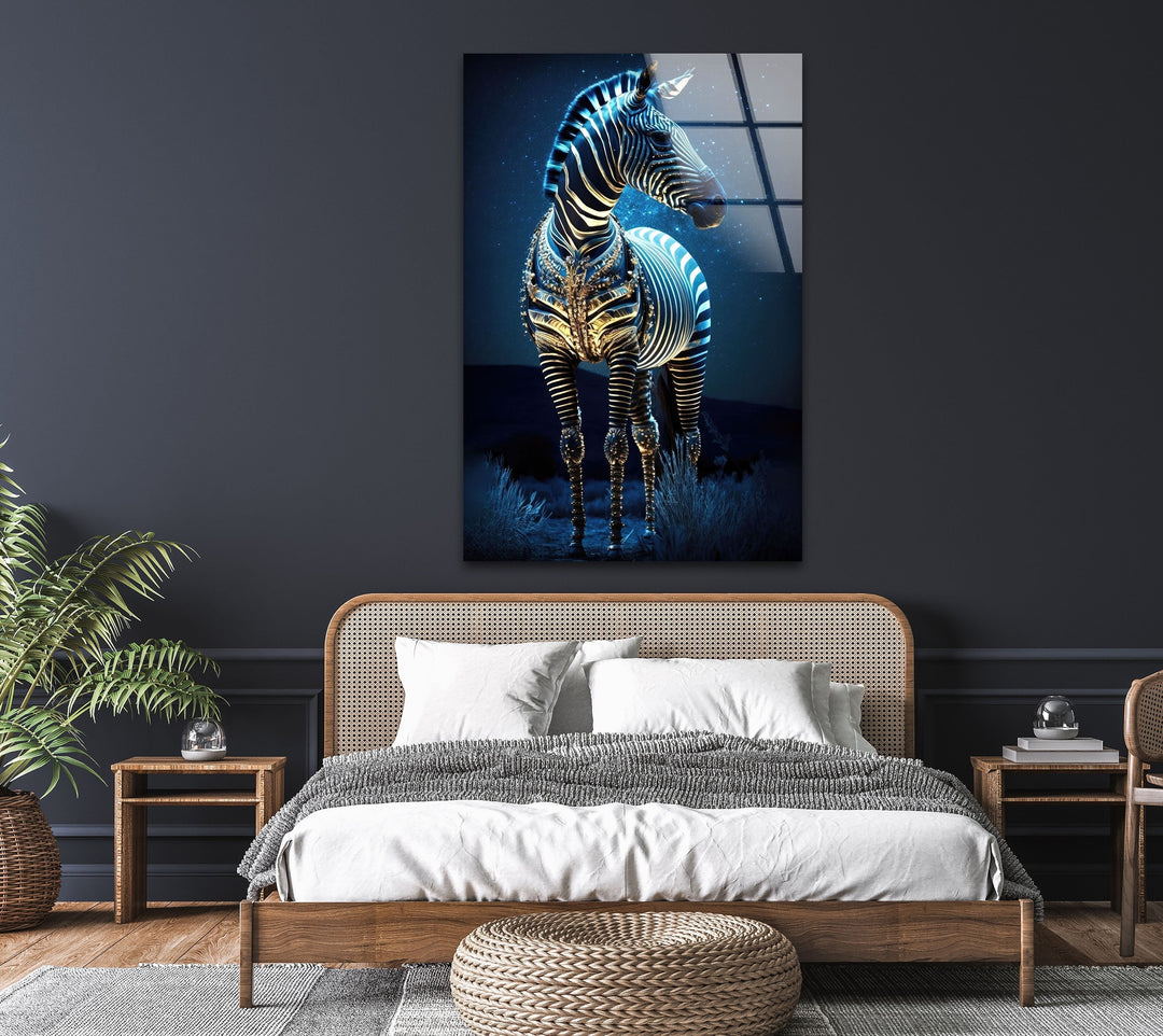 Blue Night Zebra Glass Wall Art large glass photo prints, glass wall photos
