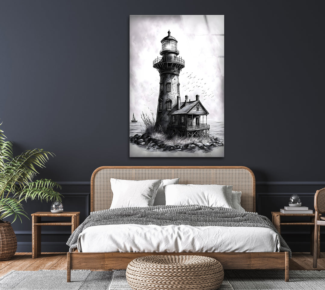 Scenic Lighthouse at Dusk - Elegant Black and White Glass Wall Art
