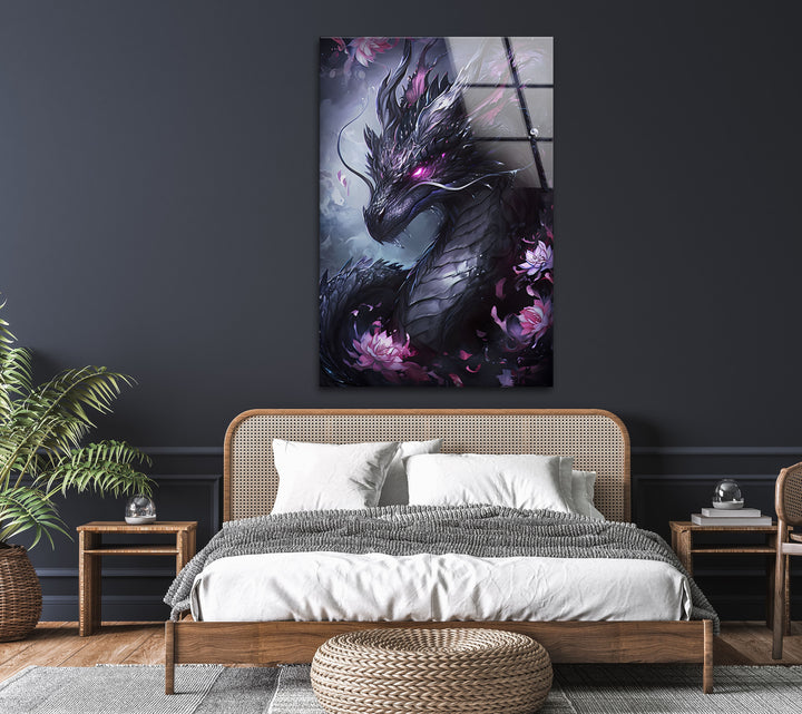 A striking image of a purple dragon, exuding mystery and elegance, printed on high-quality glass.
