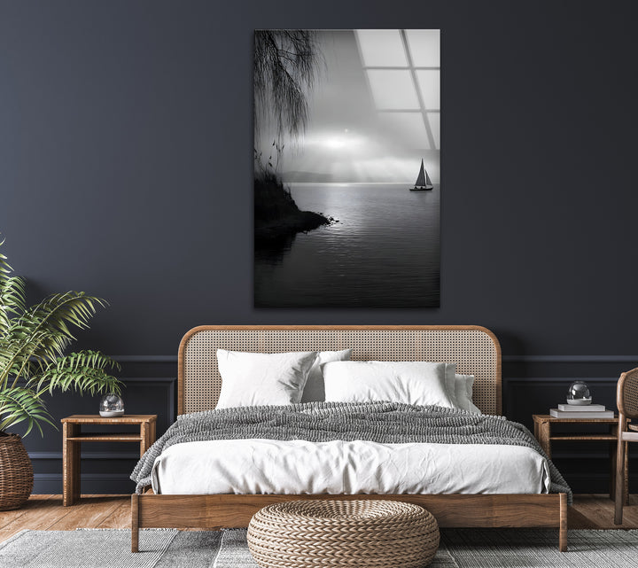 Tranquil Seascape – Black & White Sailboat Sunset Wall Art