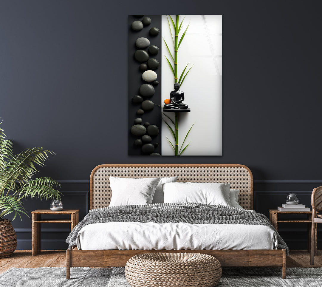 Buddha Statue and Stones Glass Wall Art