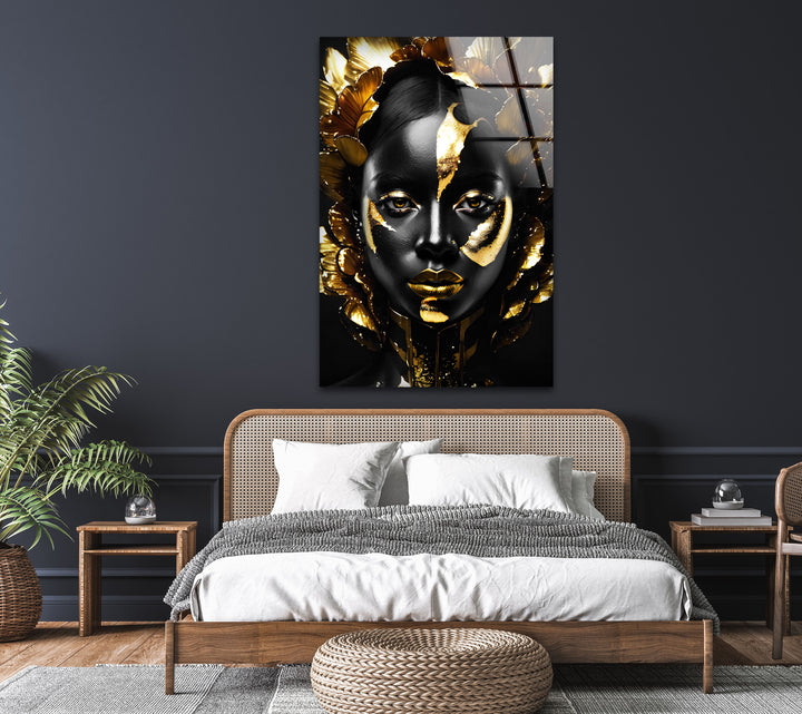 Black Woman With a Gold Face Glass Wall Art