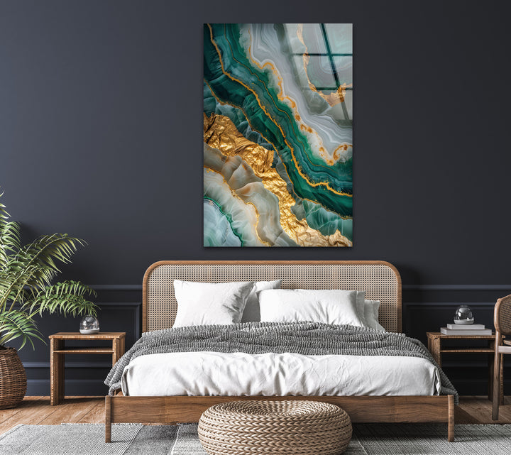 Green Gold Marble Geode Glass Wall Art