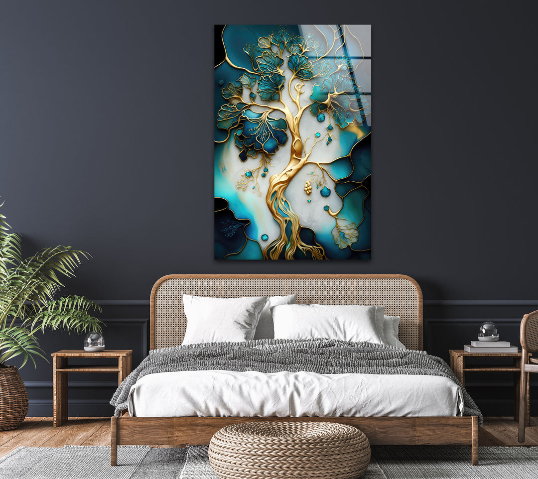 Abstract Golden Tree-Roots Glass Wall Art, glass pictures for Wall, glass prints wall art