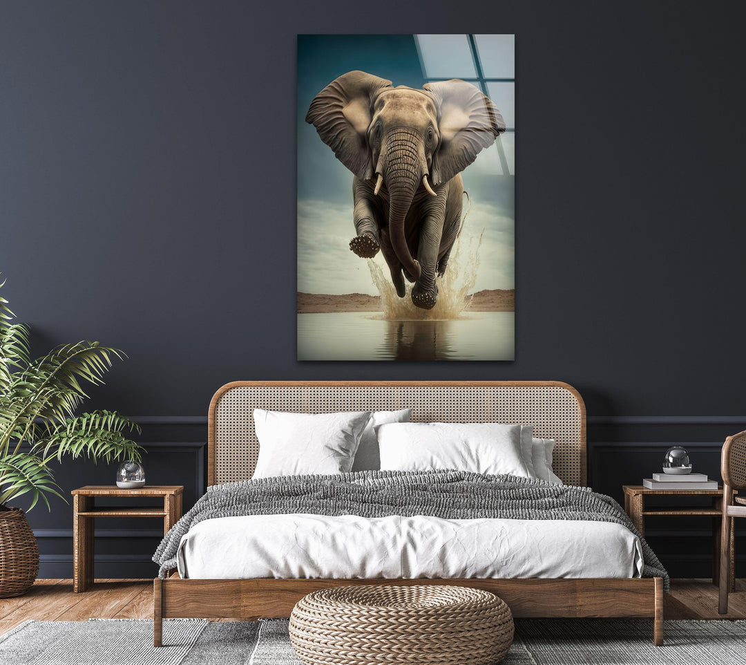 Elephant Running Glass Wall Art large glass photo prints, glass wall photos