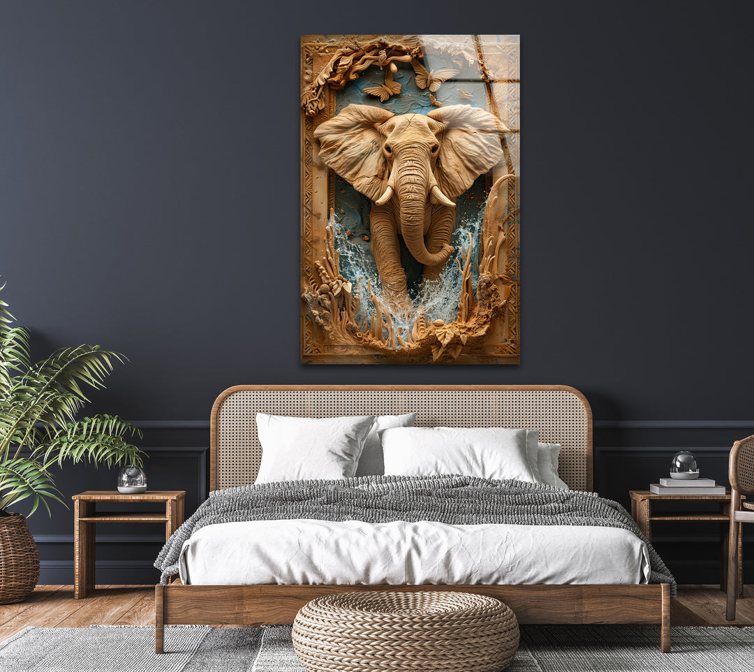 Elephant Carving Glass Wall Art photo print on glass, prints on glass wall art