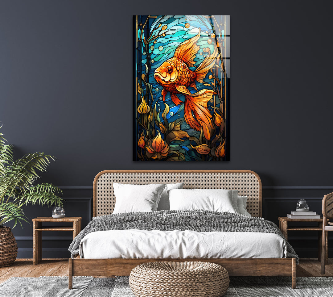 Colored Golden Fish Glass Wall Art Glass Printing Wall Art, Print photos on glass