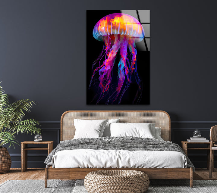 Neon Jellyfish Glass Wall Art             glass wall decor, glass wall art decor