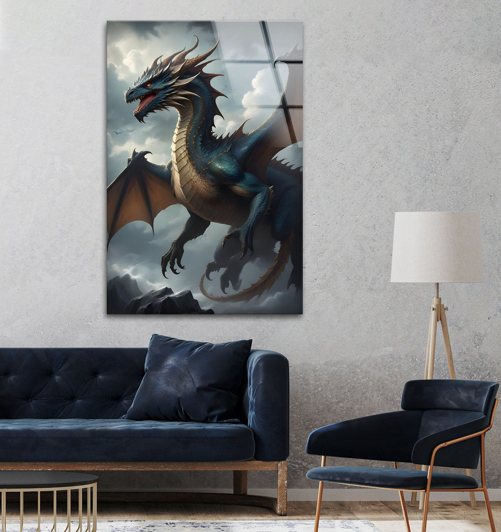 Majestic blue dragon soaring high in the sky, a symbol of power and grace.
