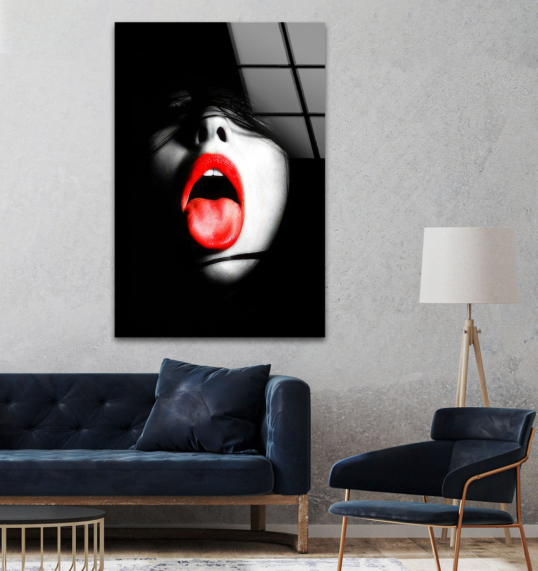 Woman With Red Lips & Tongue Glass Wall Art large glass photo prints, glass wall photos
