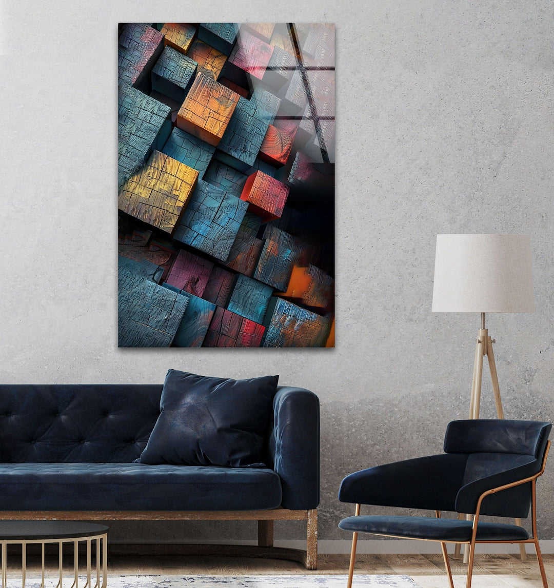 Colored Wood Cubes Glass Wall Art glass photo prints, glass picture prints
