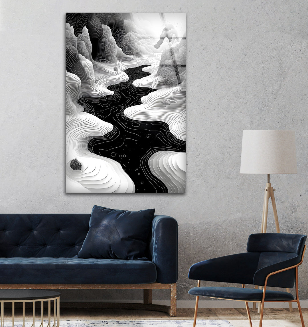 Fluid Landscape: A Black and White River Scene on Glass Wall Art
