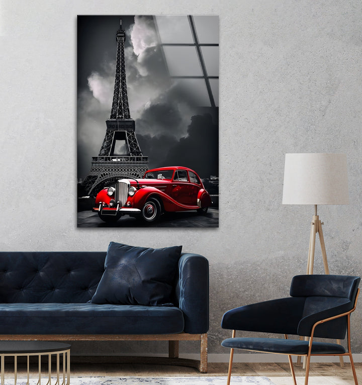 Experience Parisian sophistication with this stunning black and white glass art featuring the Eiffel Tower and a red vintage car.

