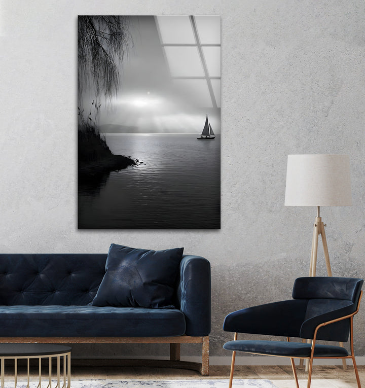 Tranquil Seascape – Black & White Sailboat Sunset Wall Art