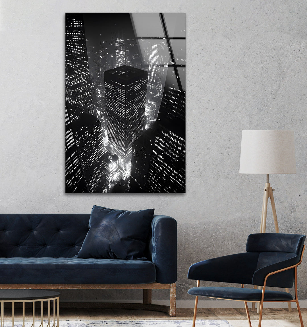 City Lights: Dramatic Black and White Cityscape Art on Glass
