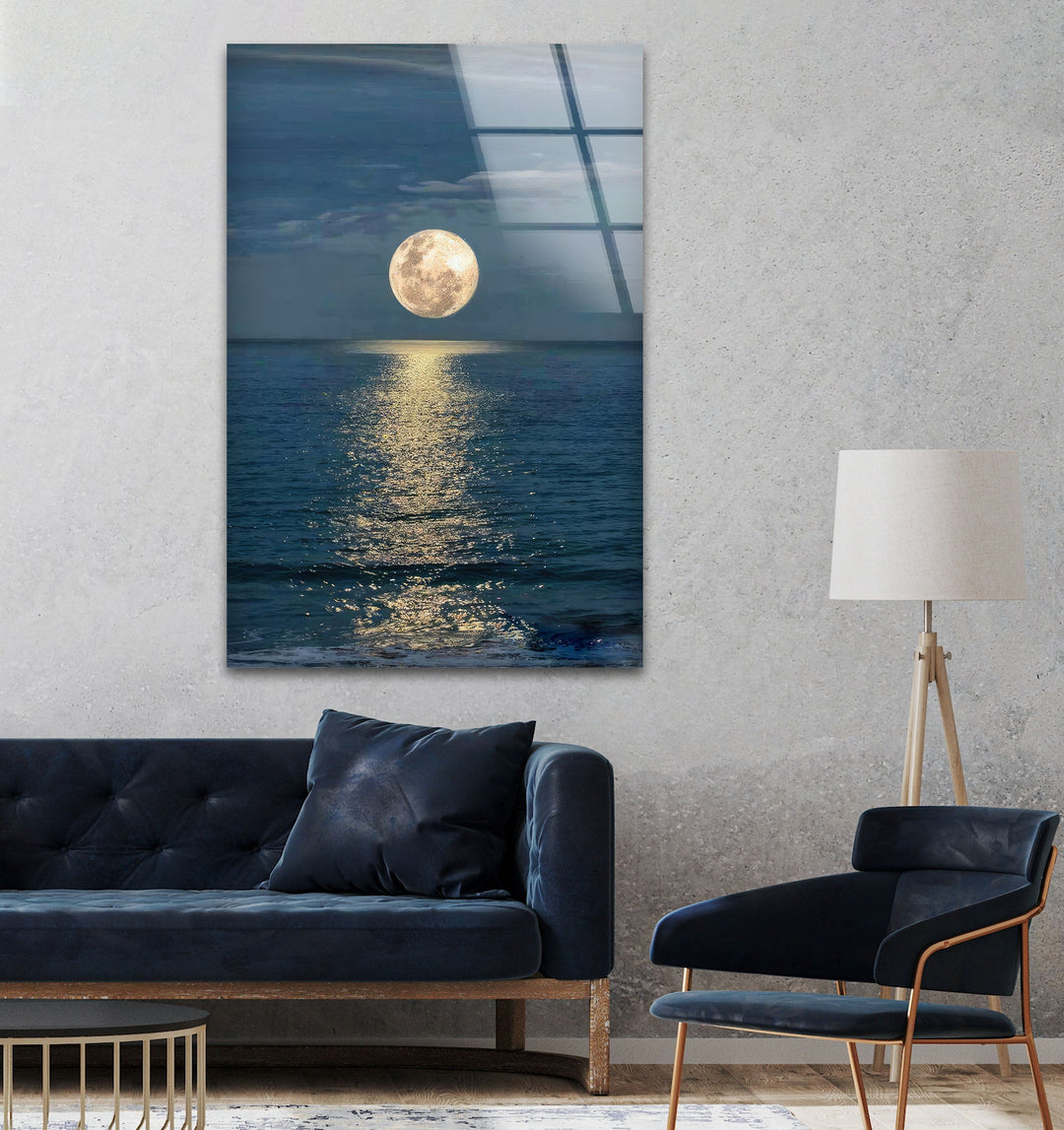 Moon and Sea Night Sunset Glass Wall Art glass photo prints, glass picture prints
