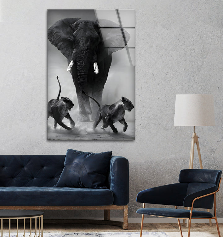 Elephant Charge - Dramatic Black and White Glass Wall Art
